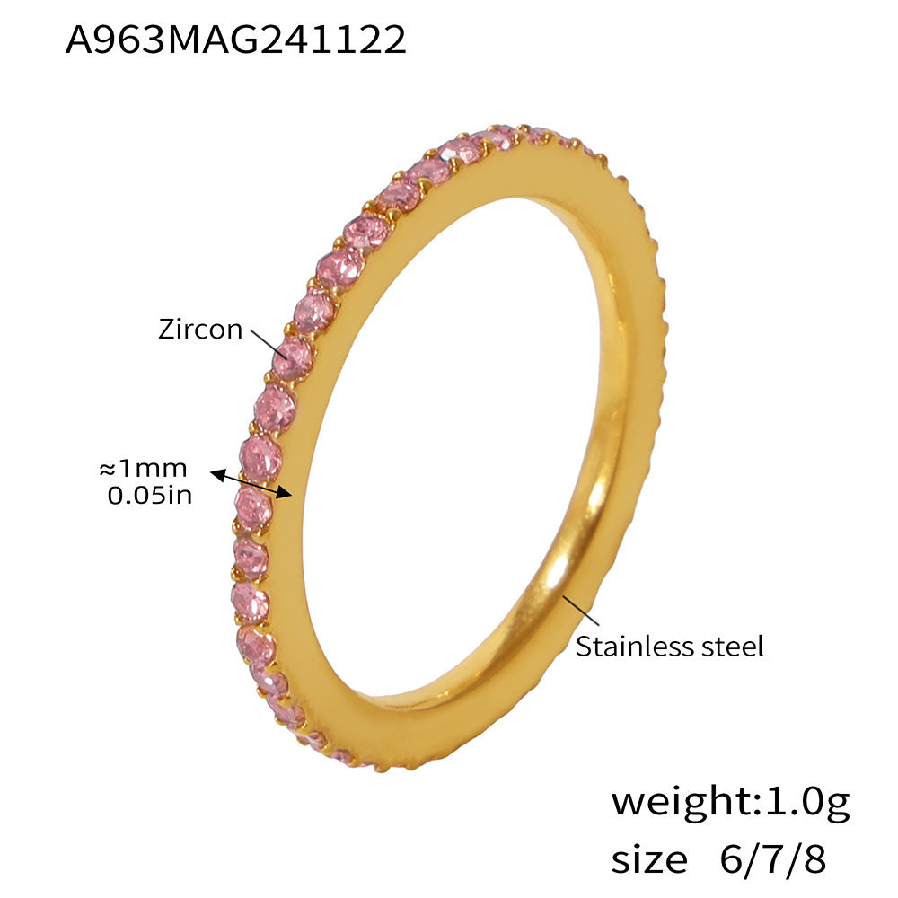 1.5mm ultra-fine full diamond zircon ring niche couple ring PVD plated 18K real gold does not fade tail ring