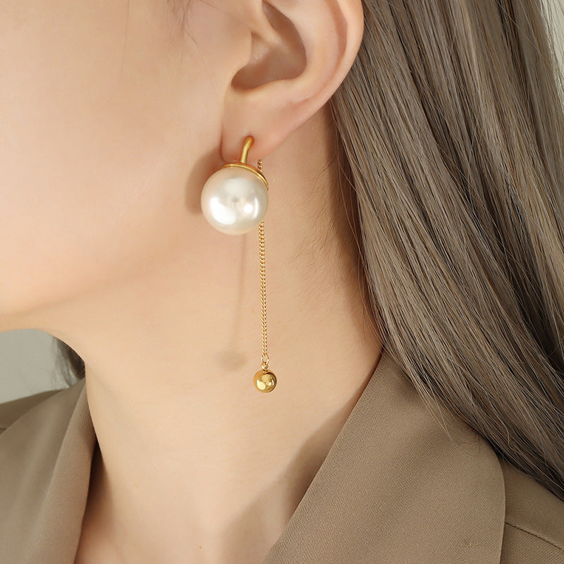 Exaggerated design fashionable personality imitation pearl white gray fringed earrings gold-plated chain steel ball pendant ear jewelry