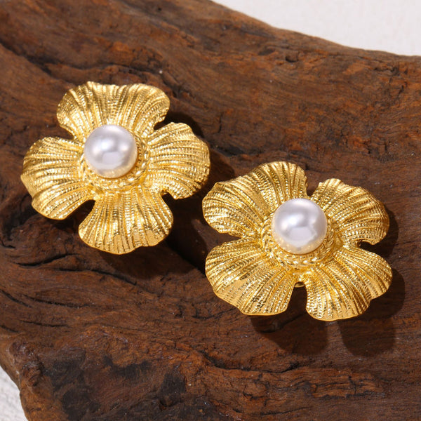 Textured petals flower inlaid bead stud earrings stainless steel electroplated 18K real gold earrings earrings combination