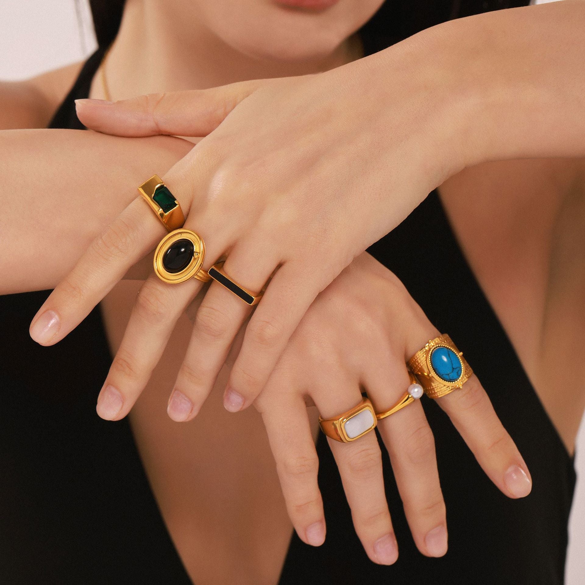 Zircon inlaid ring fashion personality stainless steel color retention index finger ring combination tide wholesale
