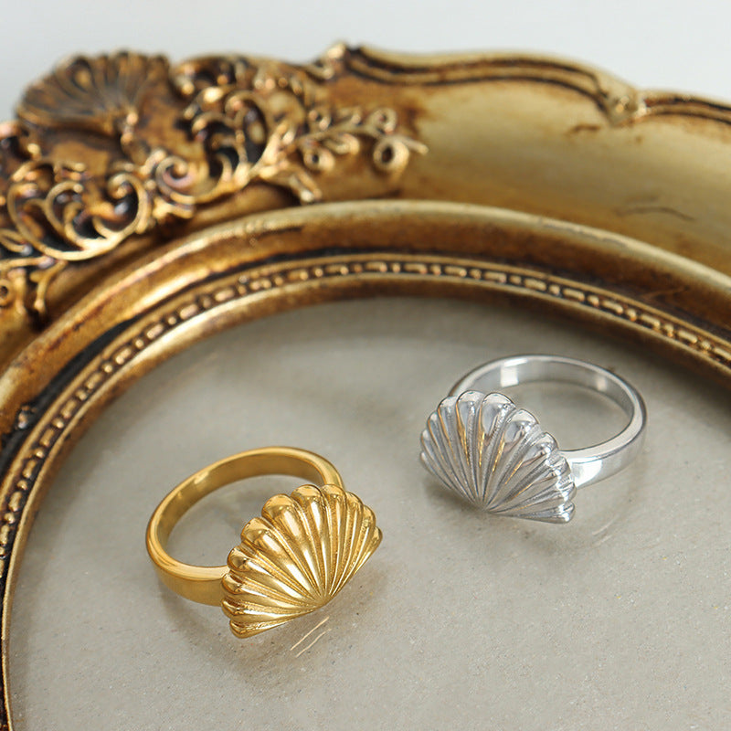 Factory direct sales marine breath personalized scallop ring niche creative design elegant temperament titanium steel gold-plated ring