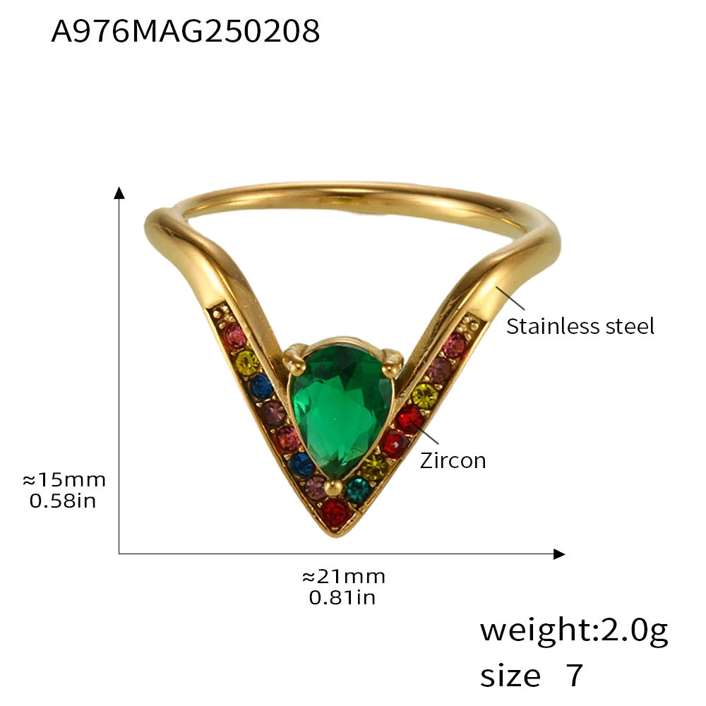 V-shaped full diamond 5A zircon side opening adjustable stainless steel ring does not fade fashionable light luxury index finger ring 99