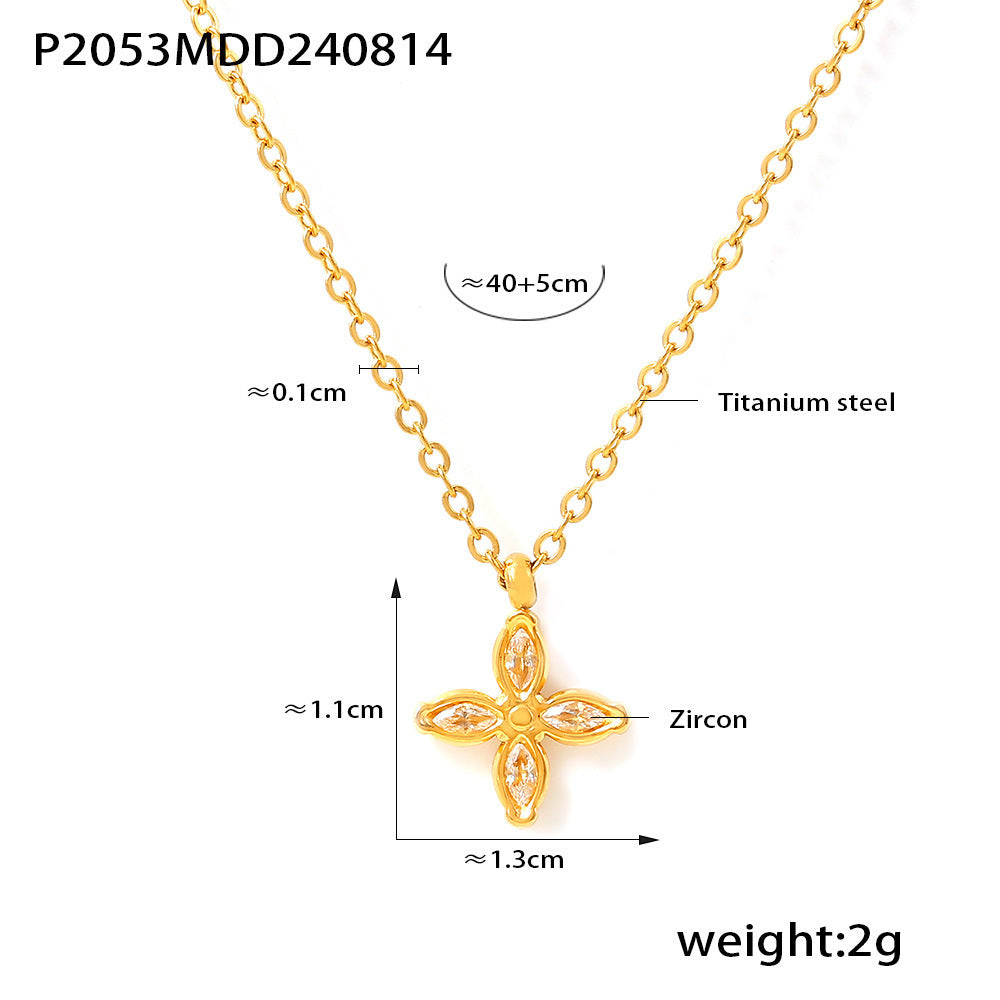 Niche four-petaled flower inlaid zircon pendant, collarbone necklace, open ring, titanium steel plated 18k real gold set, women's 99.