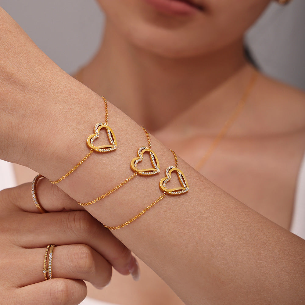Light luxury double-layer love inlaid zircon collarbone necklace bracelet PVD plated real gold niche sweet set pp