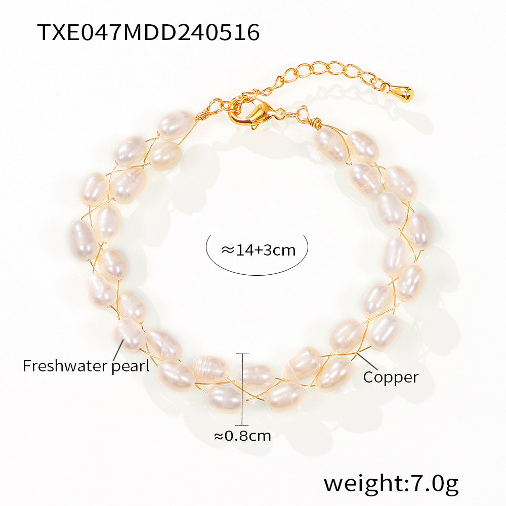Elegant temperament gentle freshwater pearl jewelry geometric multi-layer line design copper jewelry set