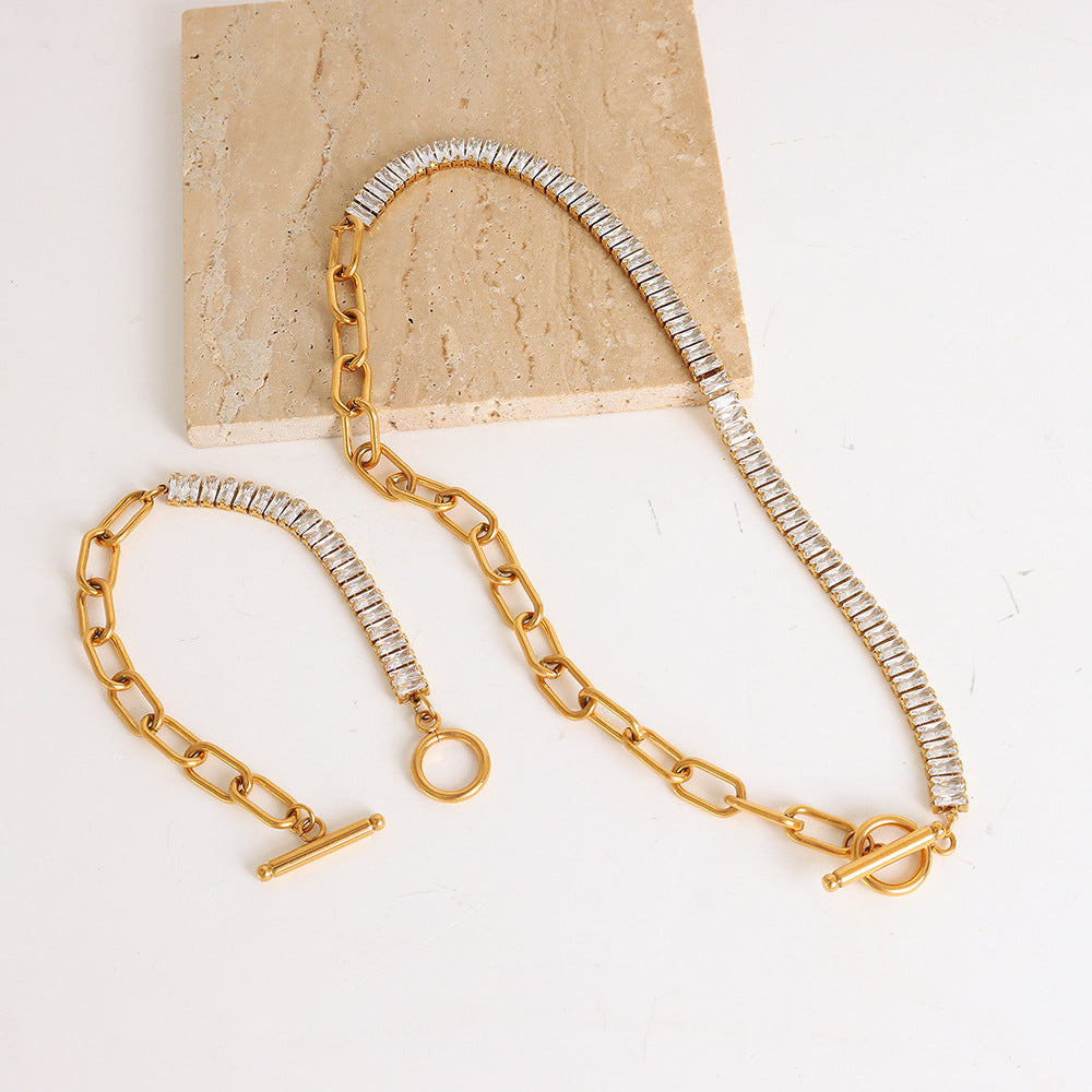Cold wind exaggerated chain OT buckle design zircon personalized necklace hip hop non-fading bracelet jewelry set 99