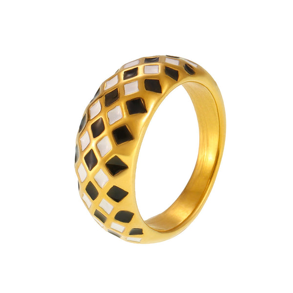 Rhombus checkerboard black and white color matching ring simple stacking niche personalized design ring wholesale 99