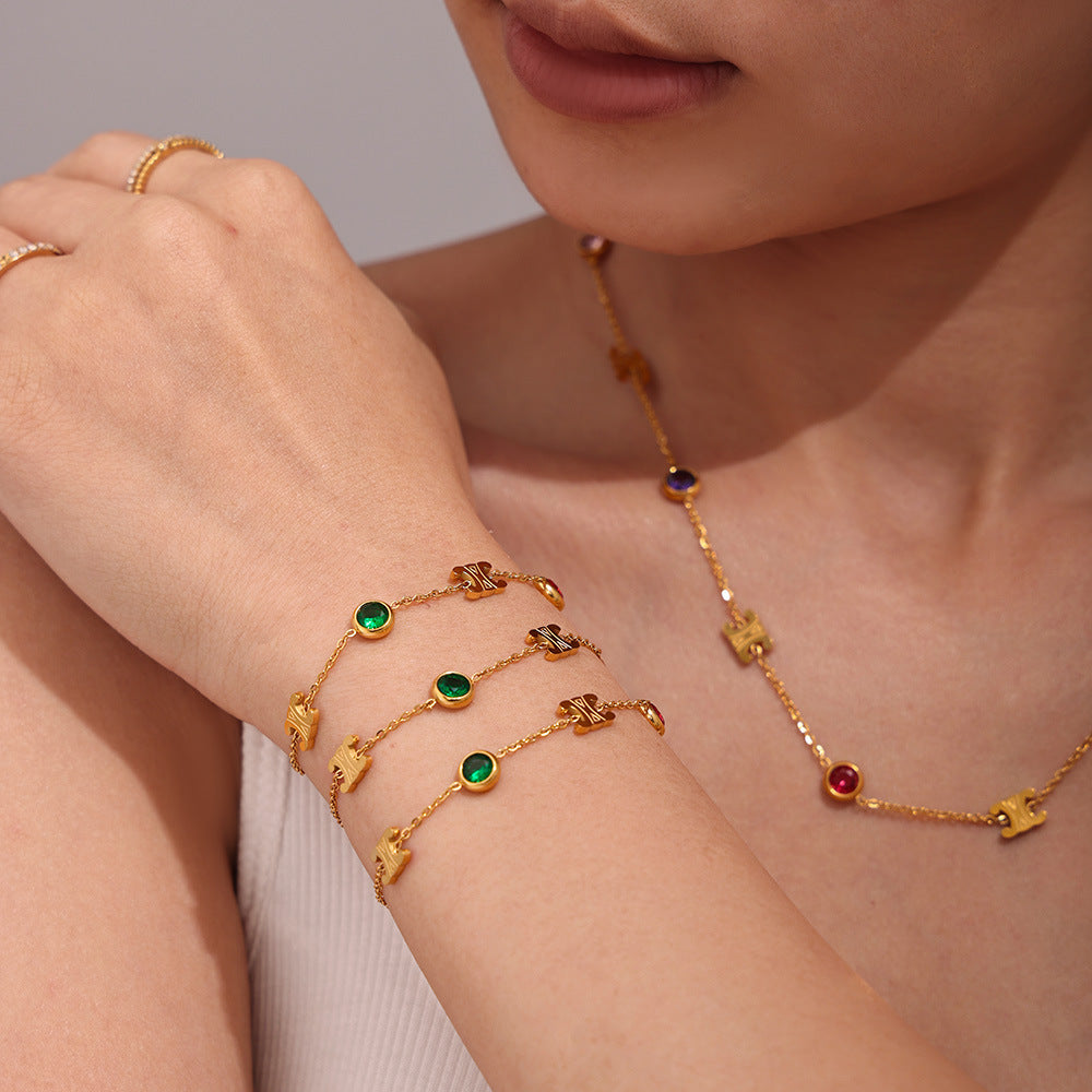 Double C Mixed Color Stainless Steel Zircon Necklace Bracelet Set PVD Electroplating Real Gold Color Retaining Light Luxury Jewelry