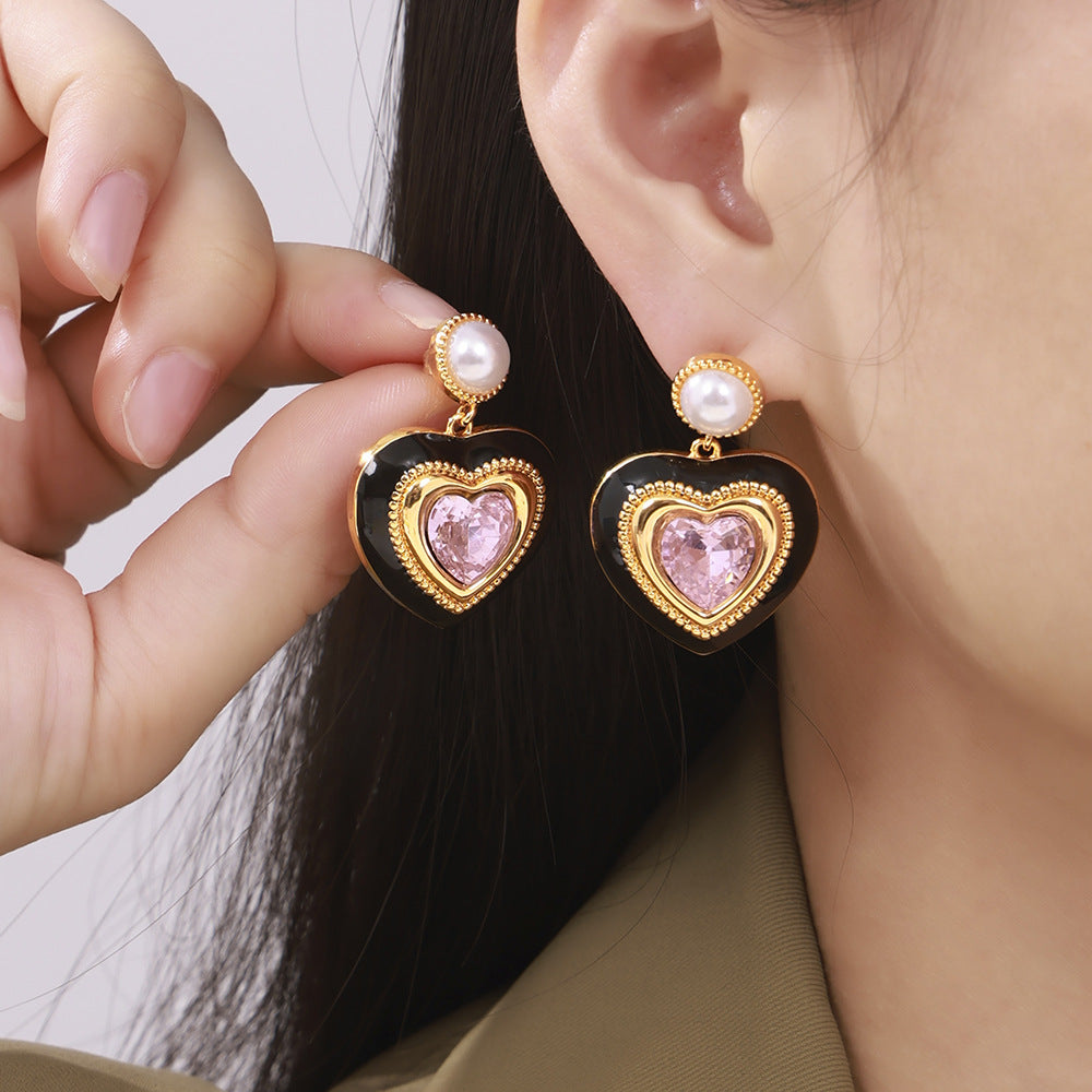 Imitation pearl love three-dimensional glass stone full stud earrings light luxury copper material hot-selling earrings 99