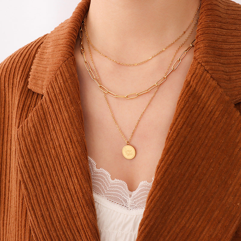 Versatile cold wind English letter round brand pendant necklace cross-border hot-selling titanium steel clavicle chain jewelry
