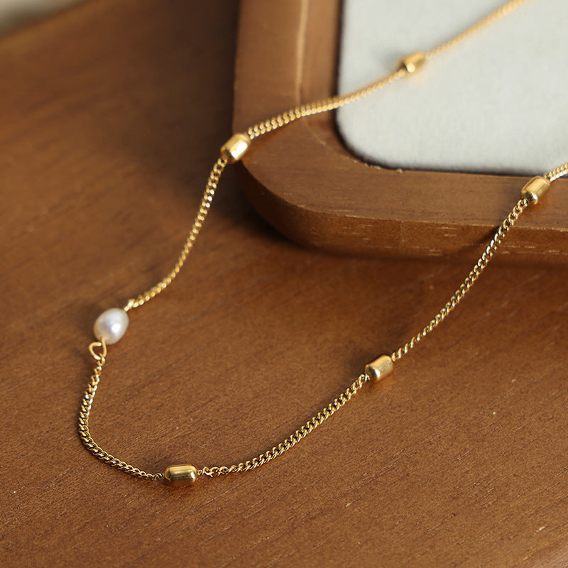 New light luxury simple niche design versatile titanium steel gold-plated freshwater pearl pendant titanium steel gold-plated necklace pp