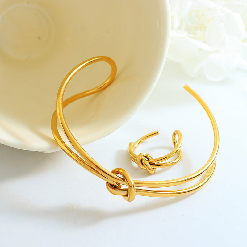 Jewelry Line Double Twist Line Knotted Open Ring Titanium Steel Plated 18k Gold Bracelet Jewelry Set