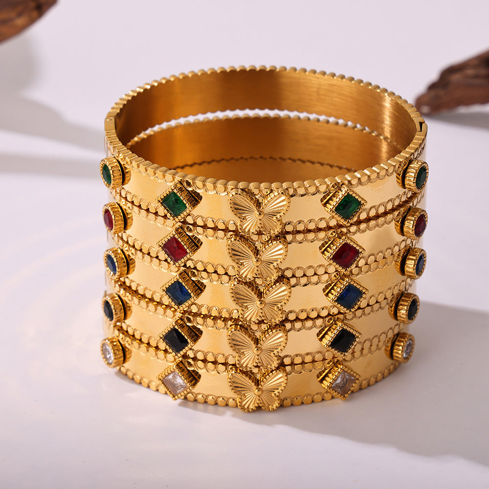 Batch flower butterfly zircon Czech glass stone stainless steel plated 18k gold bracelet high version buckle women's bracelet pp