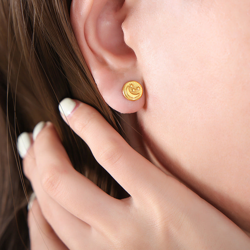 Factory direct sales, niche design, ear-raising, personalized fashion earrings, titanium steel gold-plated relief stars, moon temperament stud earrings
