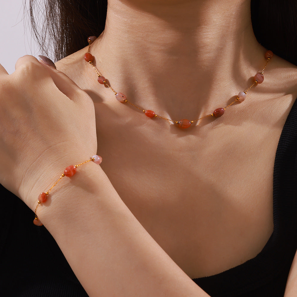 Personality, elegance, temperament jewelry, natural agate stone, handmade beaded design, titanium steel jewelry set