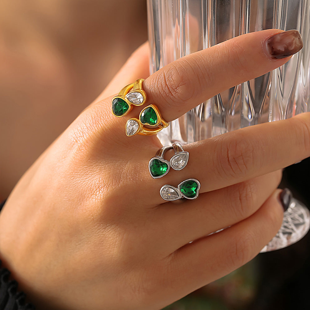 Fashion double-layer love water drop glass stone ring niche design stainless steel open jewelry women