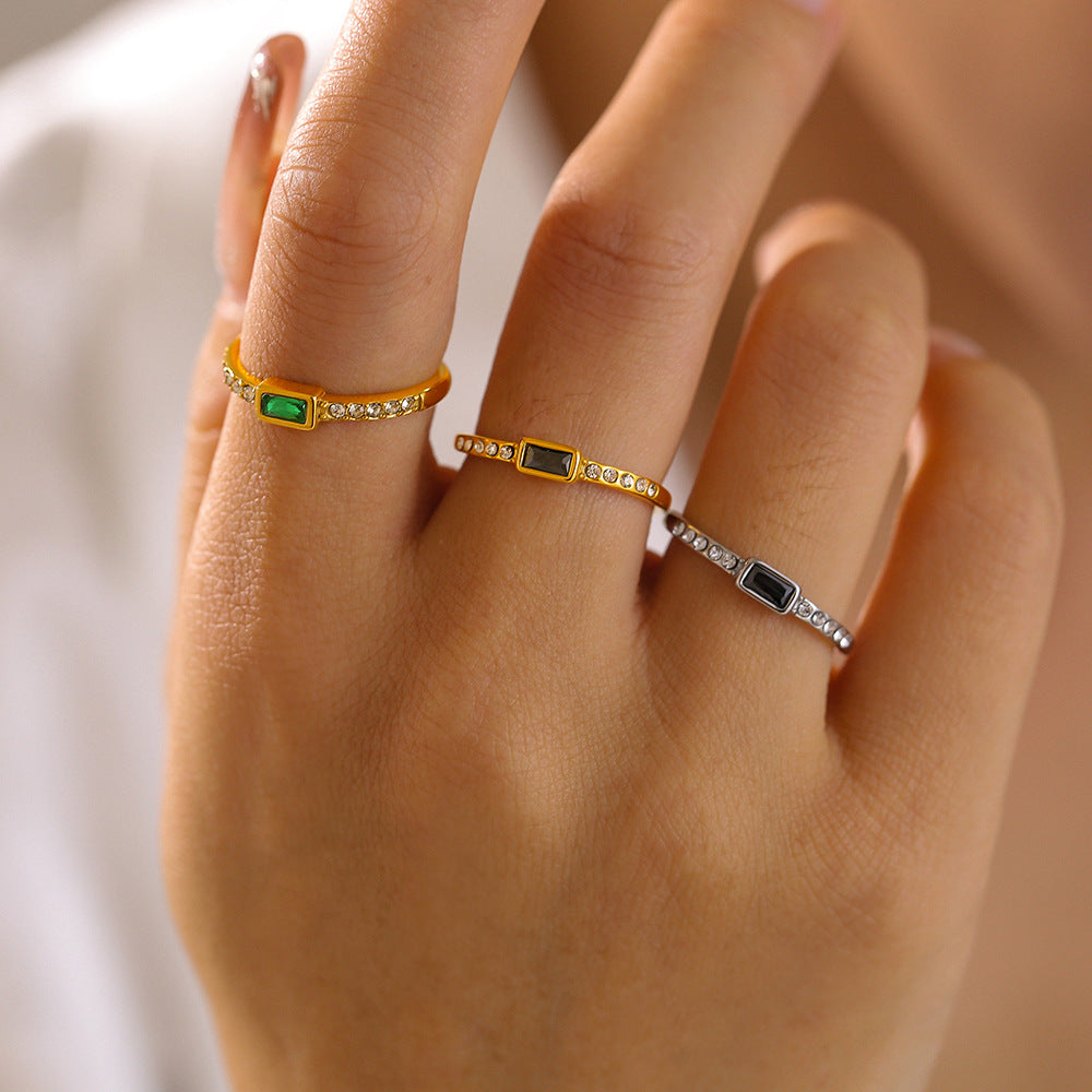 2024 new square glass stone ring titanium steel plated 18k real gold fashion personalized open women's ring pp