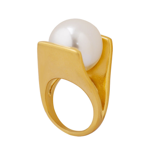 Y-shaped imitation pearl Italian designer unique style ring female exaggerated personality titanium steel plated 18k gold A166