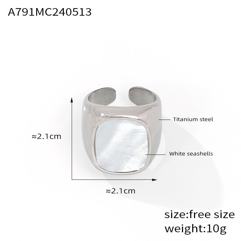 Hepburn style elegant gentle temperament wide-faced index finger ring inlaid with white fritillary design titanium steel gold-plated opening ring