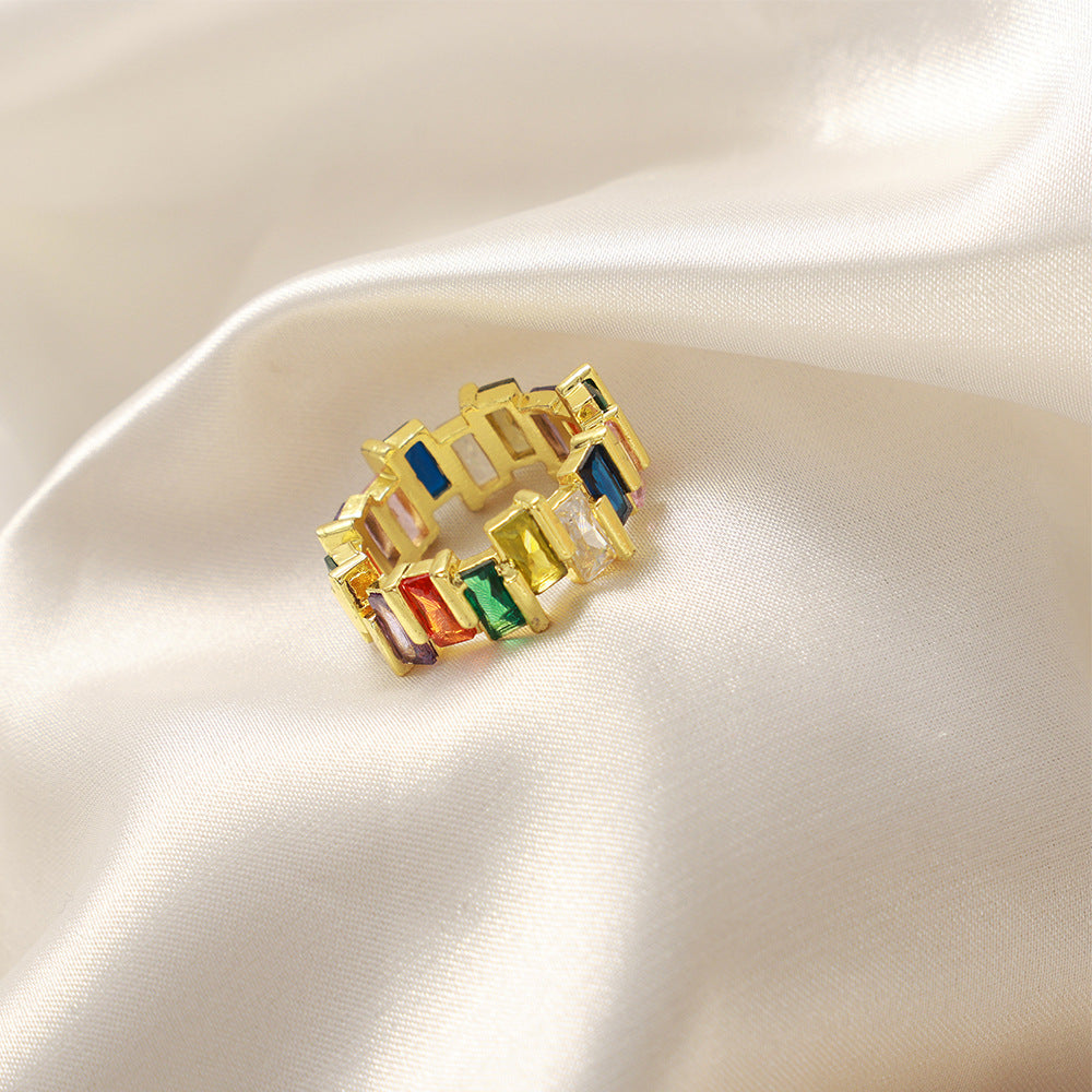 New light luxury simple fashion copper material inlaid with colored zircon open ring personalized niche design jewelry