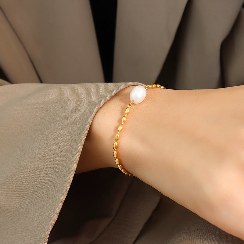 Freshwater pearl splicing rice bead temperament metal chain bracelet neutral wind personality non-fading girlfriend jewelry