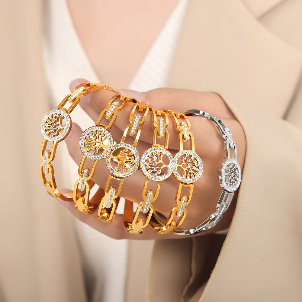 New retro style fashion personalized design titanium steel gold-plated diamond-encrusted tree of the world buckle bracelet jewelry wholesale female pp