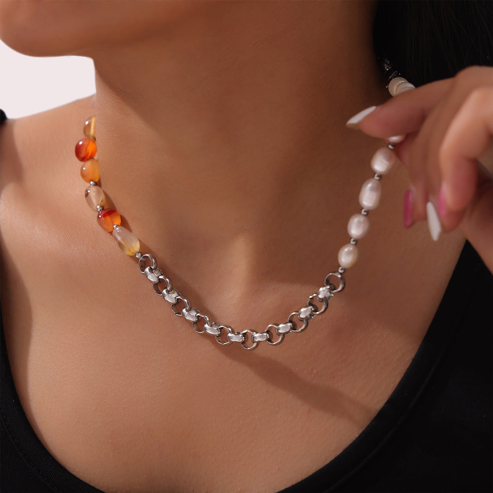 Simple individual cold wind light luxury jewelry freshwater pearl natural stone handmade beaded design titanium steel necklace pp