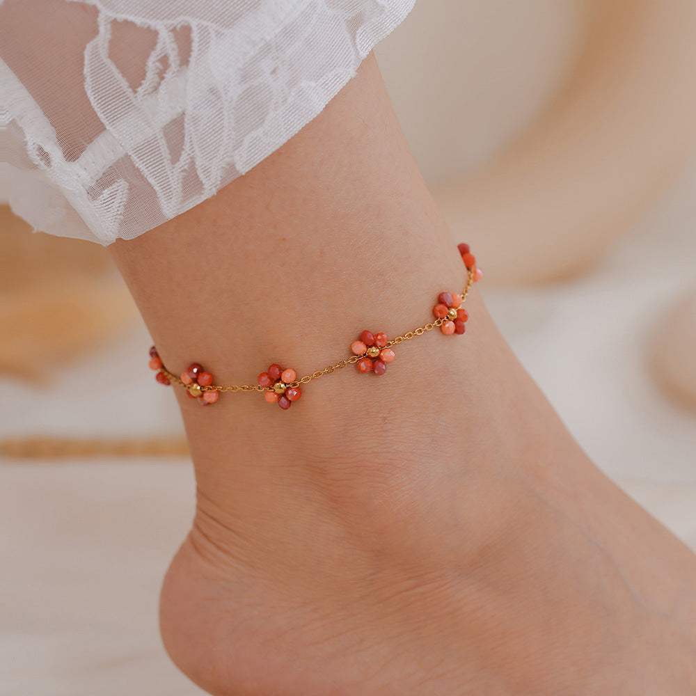 Beaded necklace bracelet anklet handmade girl flower glass bead titanium steel chain jewelry set 99