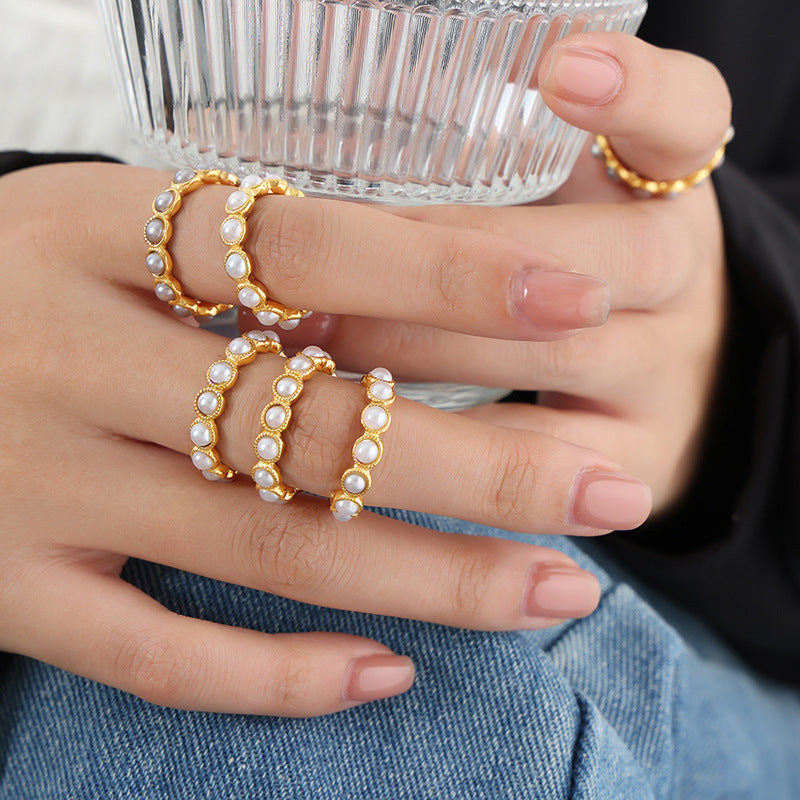 Vintage Gypsy Baroque High Gloss Beads Light Luxury Elegant Temperament Titanium Steel Ring Women's Ring Jewelry