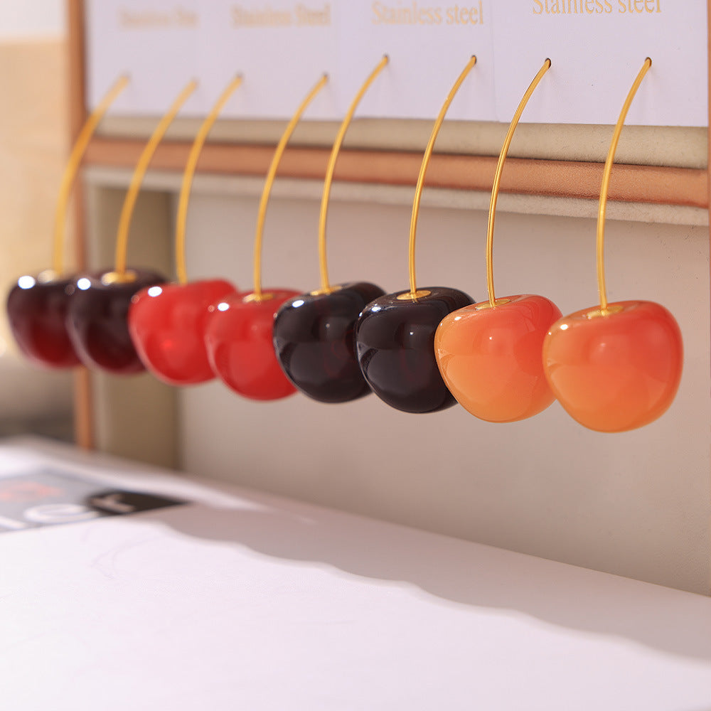 Small fresh cherry long earrings female personality Internet celebrity stainless steel resin cherries creative temperament stud earrings