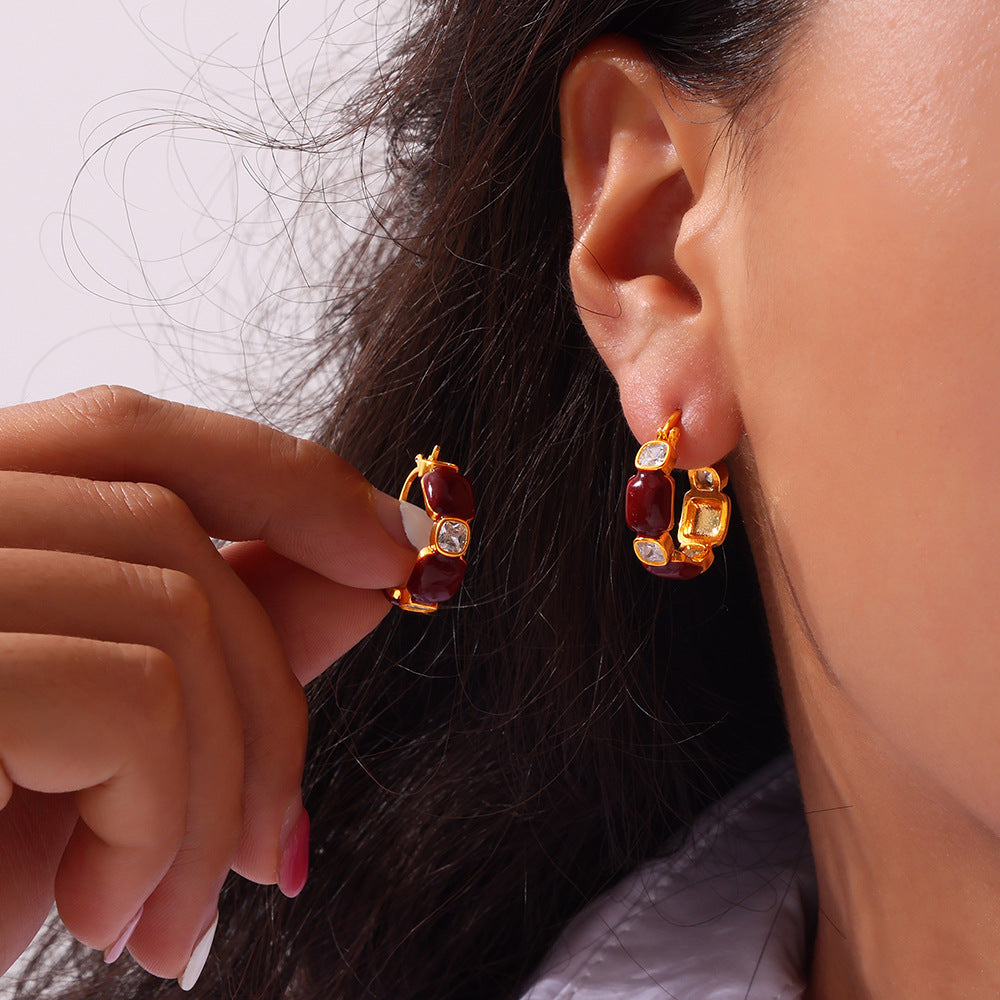 Retro niche simple personalized jewelry geometric weights color glaze design sense inlaid zircon copper earrings