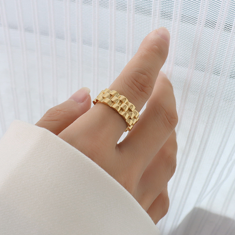 Exaggerated cold ins wind thick strap retro feeling non-fading ring titanium steel plated 18k gold ring pp