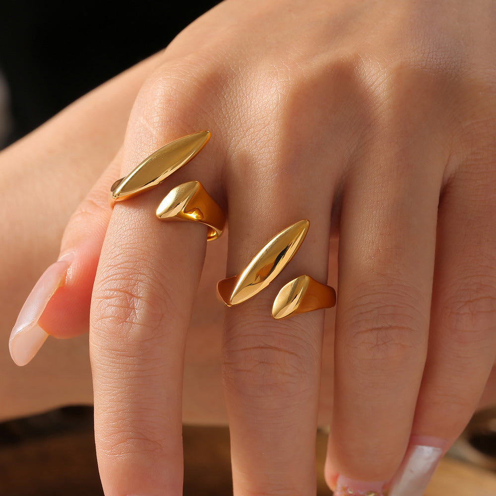 Minimalist style elegant temperament personalized open index finger ring geometric personality melon seed shape design titanium steel gold-plated ring pp