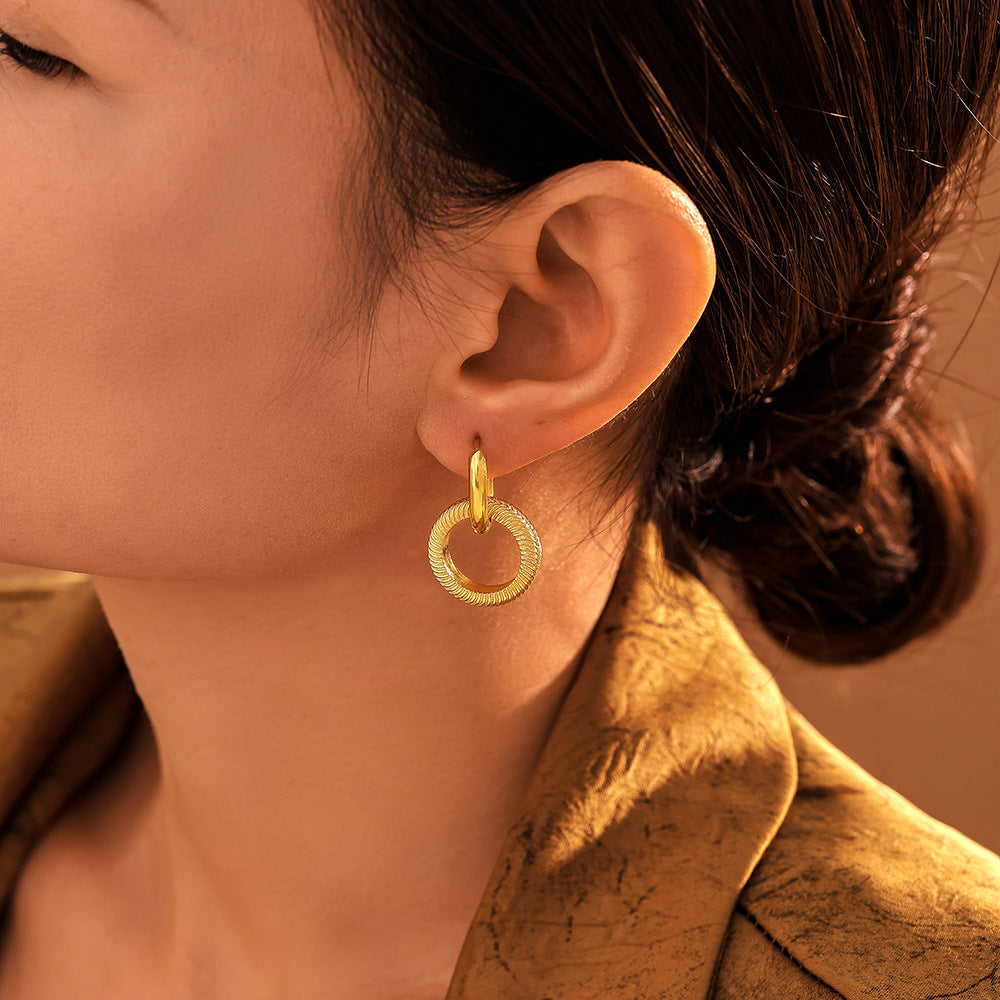 Stylish Double Ring Threaded Earrings Stainless Steel PVD Plated Simple Circles Non-Allergy Popular Earrings Spot
