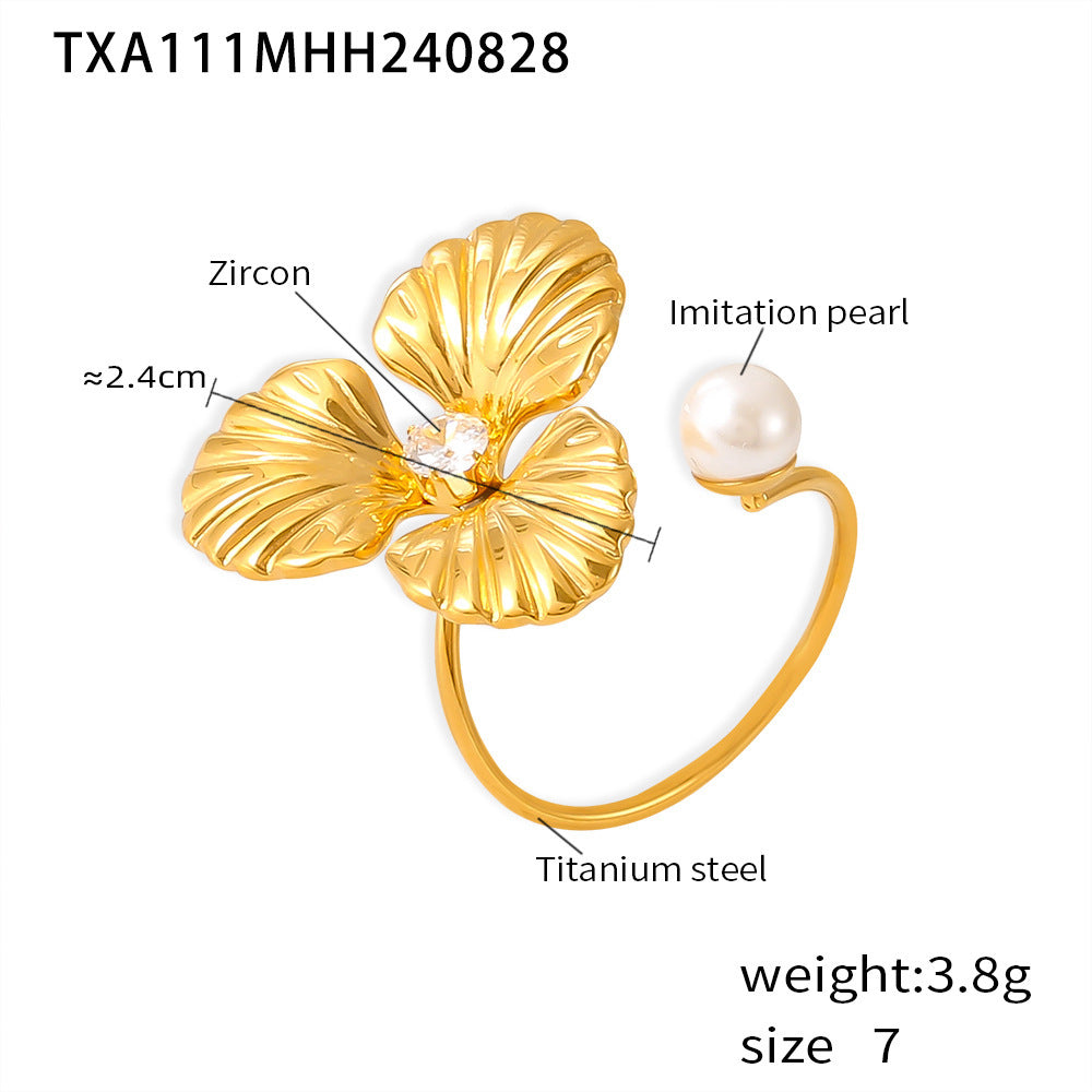 Light Luxury Pearl Flower Ring Titanium Steel 18k Gold Non-Fading Opening Adjustable Ring Fashion Earrings
