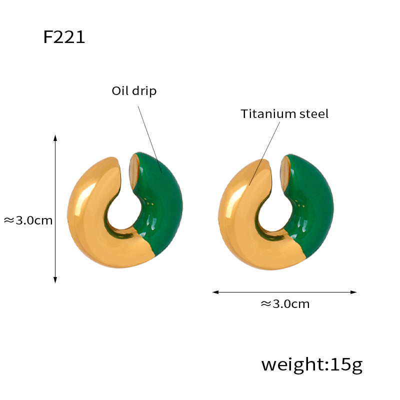 New exaggerated personality fashion versatile titanium steel gold-plated geometric U-shaped striped enamel drip earrings jewelry