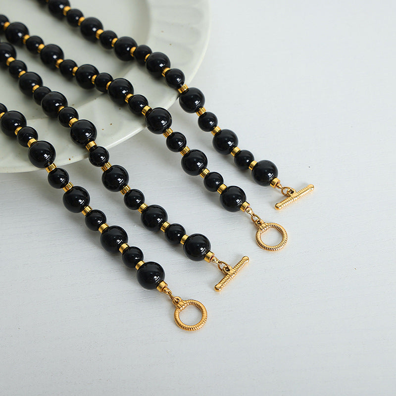 High-end light luxury niche personalized design natural black agate handmade beaded OT buckle necklace jewelry female pp