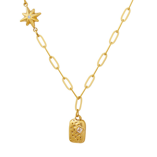 Winter new zircon inlaid irregular square brand hexagram pendant necklace titanium steel plated 18K gold jewelry