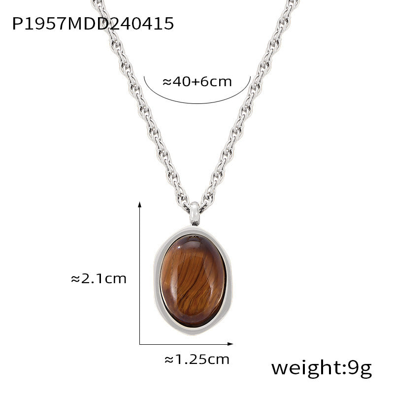 Vintage niche design sense geometric jewelry cold wind temperament tiger's eye stone Maillard wind titanium steel necklace