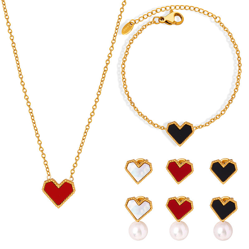 Light luxury love natural shell elegant exquisite titanium steel plated 18K gold women's jewelry set decoration