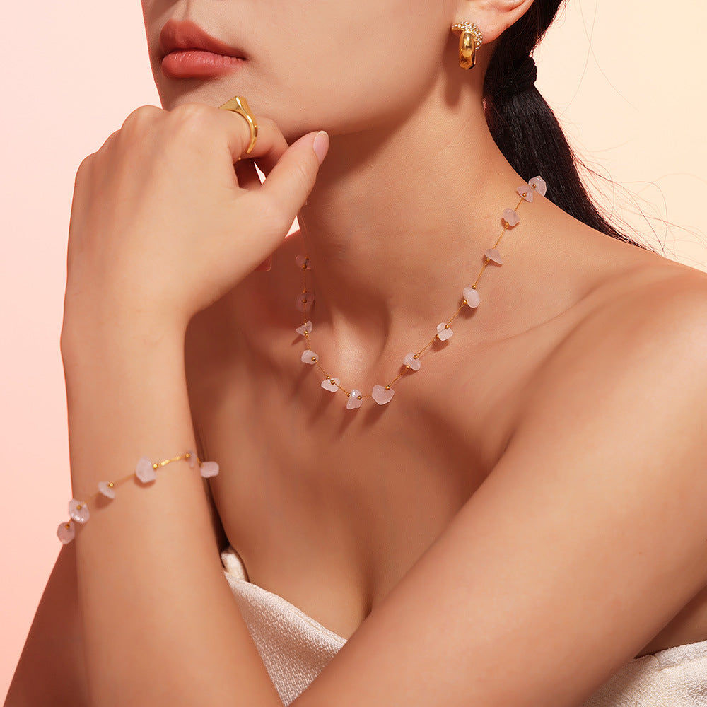 Colored natural gravel necklace bracelet New irregular stainless steel jewelry set for women