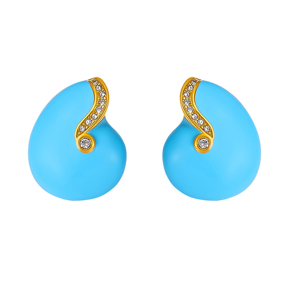 Court stud earrings Conch blue zircon titanium steel PVD gold-plated enamel color glaze simple color-retaining earrings