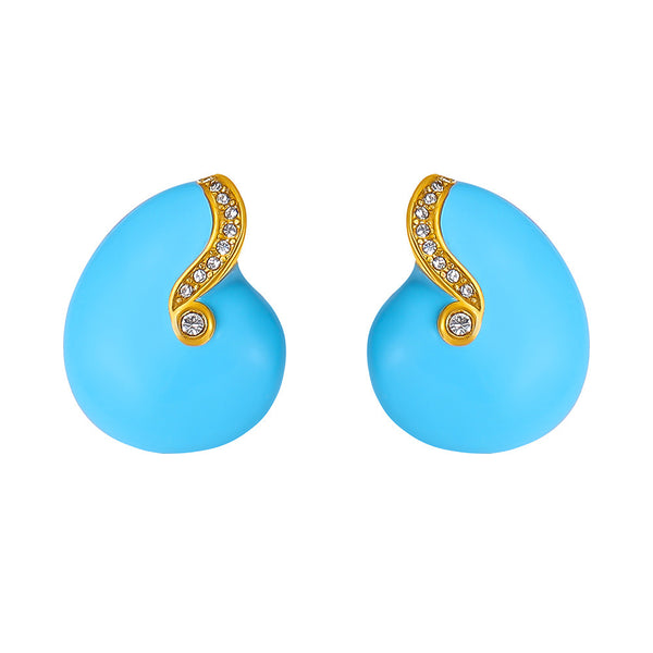 Court stud earrings Conch blue zircon titanium steel PVD gold-plated enamel color glaze simple color-retaining earrings