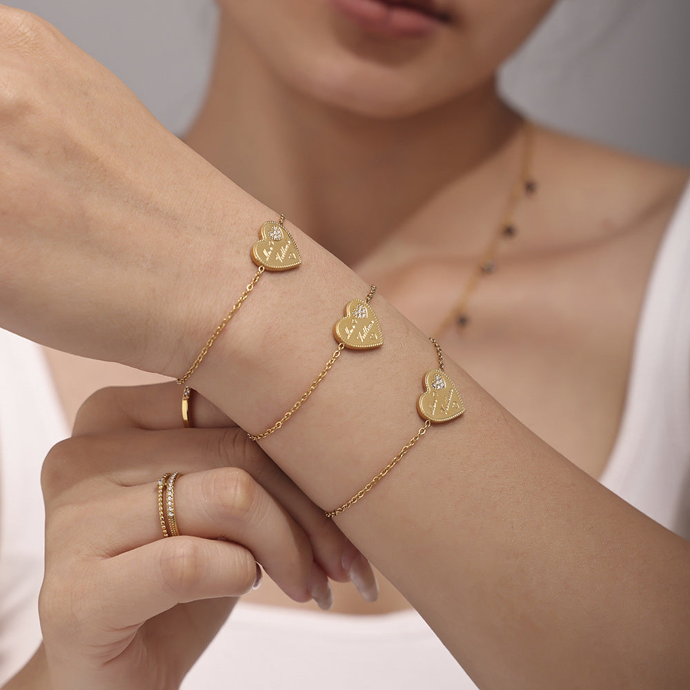 Love letter inlaid zircon craft bracelet temperament stainless steel plated 18K real gold color retention jewelry