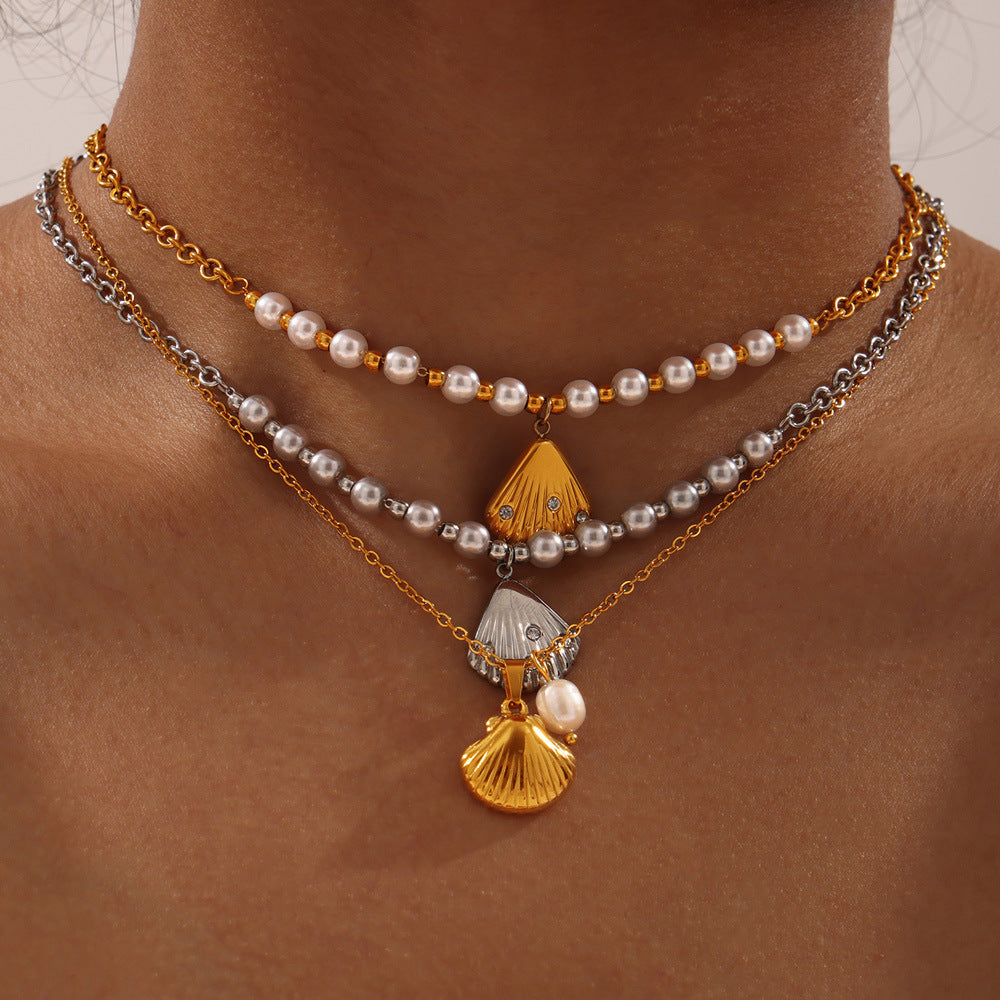 Personalized casual style jewelry with diamond shell shape design sense pendant, freshwater pearl titanium steel jewelry set pp