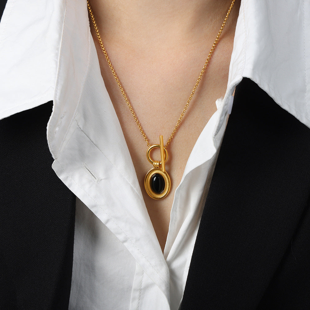 New composite titanium steel gold-plated agate oval pendant OT buckle necklace ring set jewelry