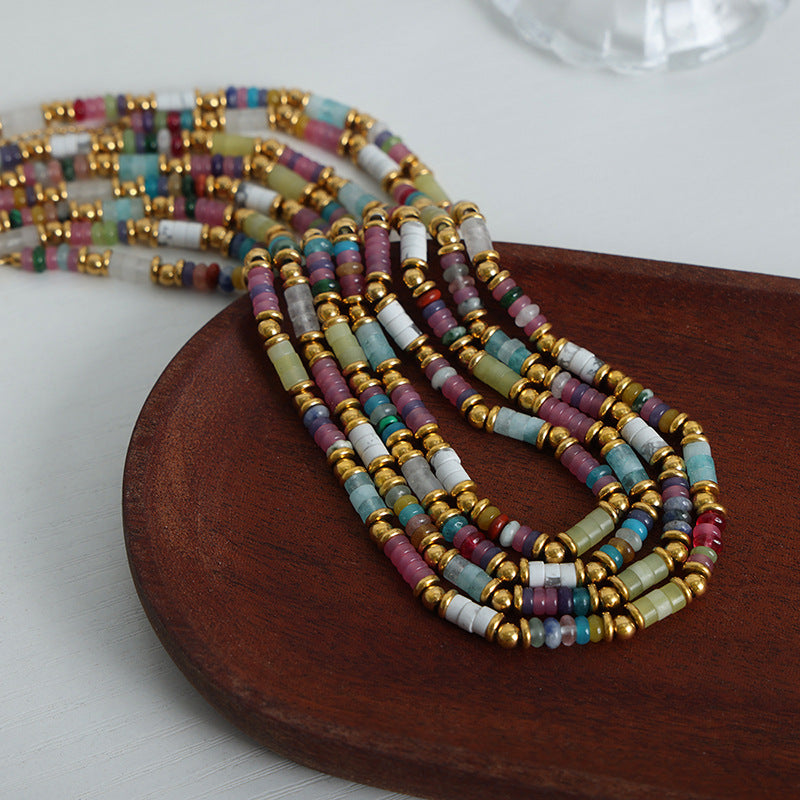 New retro ethnic style personalized niche design mixed color natural stone handmade beaded necklace jewelry pp