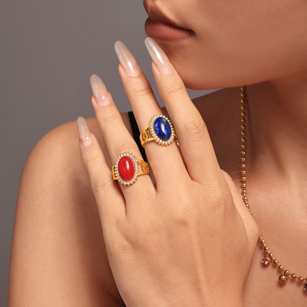 Wave Zircon Oval Natural Stone Open Ring Stainless Steel PVD Plating Adjustable Spot Supply