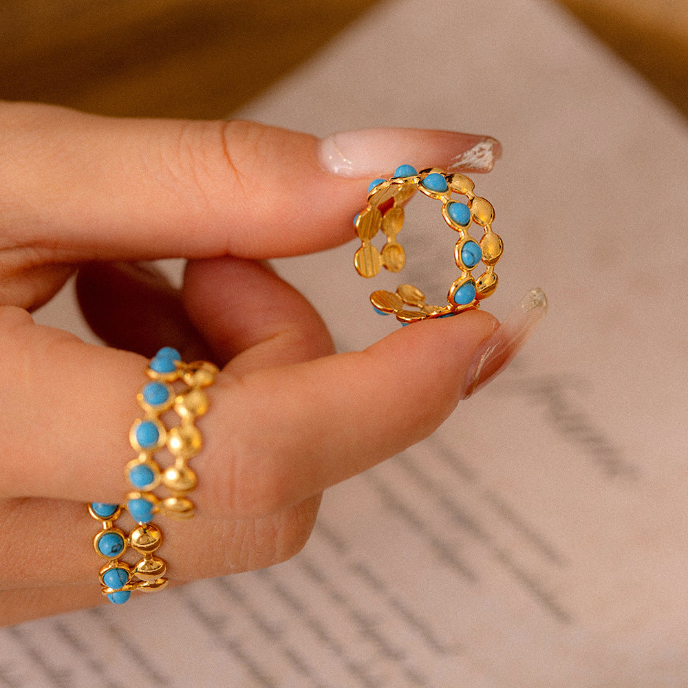 European and American fashion simple personality double-layer jewelry round brand splicing design sense inlaid with blue turquoise titanium steel open ring pp