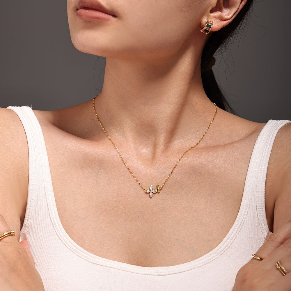 Zircon four-leaf flower double-layer collarbone necklace bracelet women's stainless steel PVD plating set